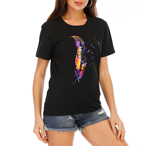 

Women's T shirt Graphic Print Round Neck Tops Cotton Basic Basic Top Black