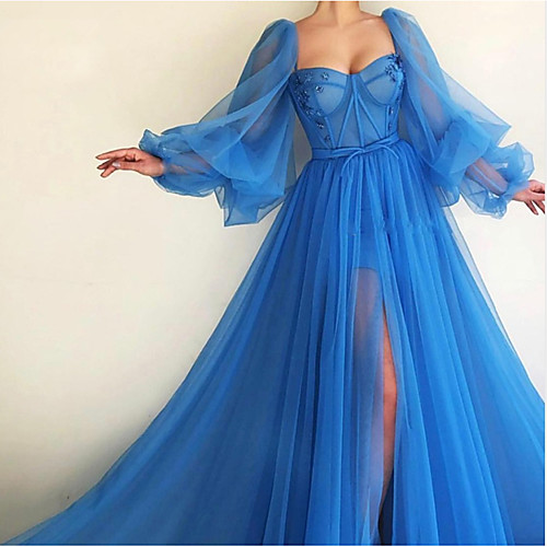 

A-Line Luxurious Elegant Engagement Formal Evening Dress Scoop Neck Long Sleeve Sweep / Brush Train Tulle with Pleats Split 2021