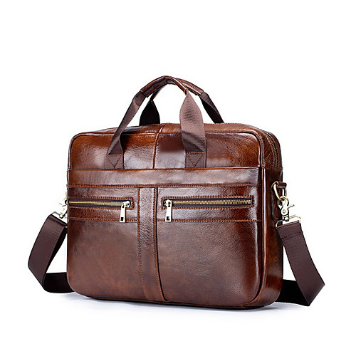 

Men's Bags Cowhide Shoulder Messenger Bag Laptop Bag Briefcase Belt Zipper Daily Office & Career Handbags Black Brown