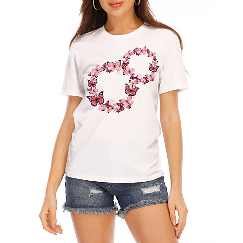 

Women's T shirt Butterfly Graphic Prints Round Neck Tops 100% Cotton Basic Top White