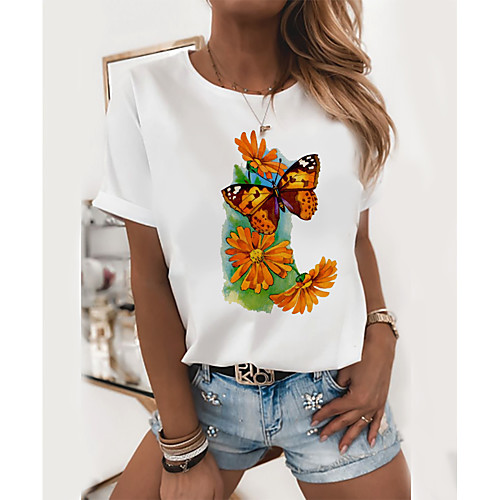 

Women's T-shirt Butterfly Graphic Prints Round Neck Tops Slim 100% Cotton Basic Top White