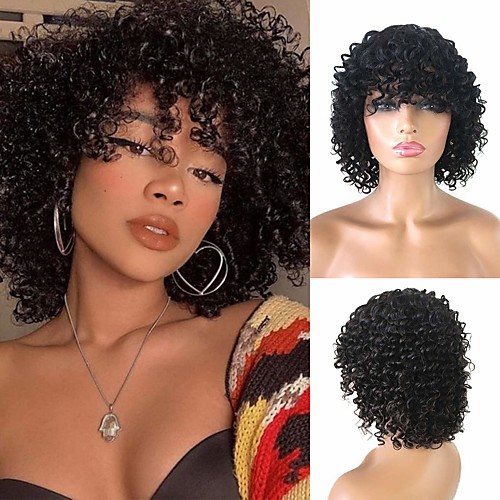 

Remy Human Hair Wig Short Curly Afro Curly Bob With Bangs Natural Black Women Easy dressing Lovely Machine Made Capless Brazilian Hair Women's Girls' Natural Black #1B 12 inch