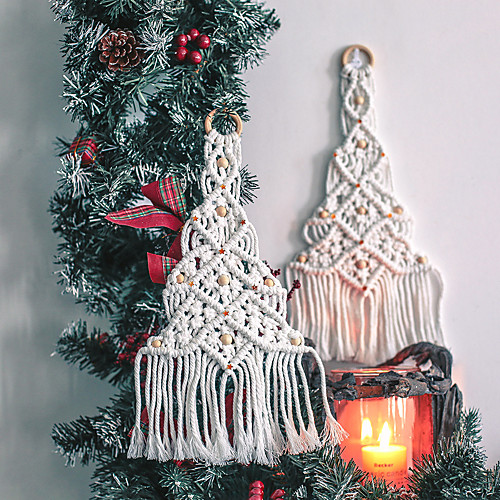 

Christmas Hand Woven Macrame Wall Hanging Ornament Bohemian Boho Art Decor Home Bedroom Living Room Decoration Nordic Handmade Tassel Cotton Christmas Tree