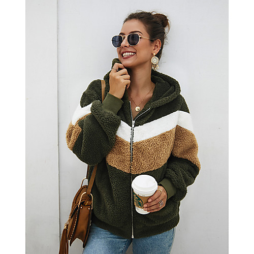 

Women's Color Block Basic Fall & Winter Teddy Coat Regular Daily Long Sleeve Polyester Coat Tops Army Green