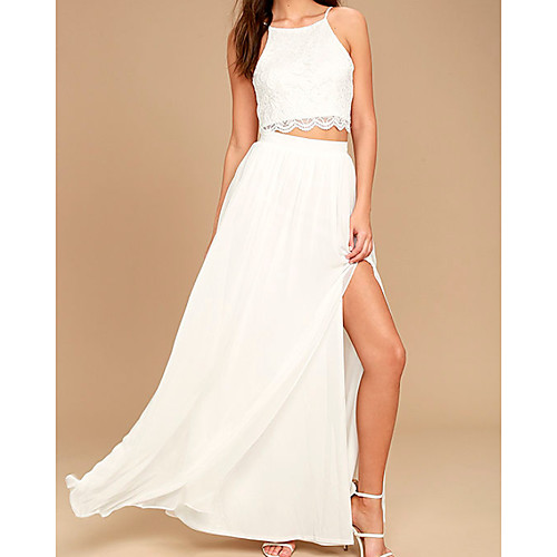 

Two Piece Sexy Boho Holiday Party Wear Dress Spaghetti Strap Sleeveless Floor Length Chiffon Lace with Split 2021
