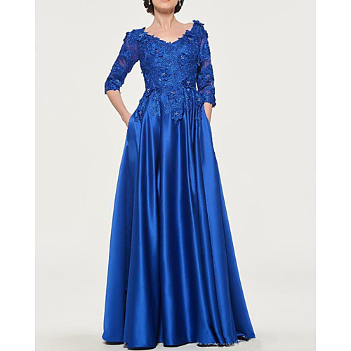 

A-Line Mother of the Bride Dress Elegant V Neck Floor Length Lace Satin 3/4 Length Sleeve with Pleats Appliques 2021