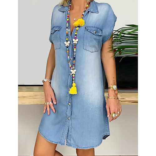 

Women's Denim Shirt Dress Short Mini Dress - Short Sleeve Pocket Button Front Summer V Neck Plus Size Casual Vacation 100% Cotton 2020 Blue S M L XL XXL