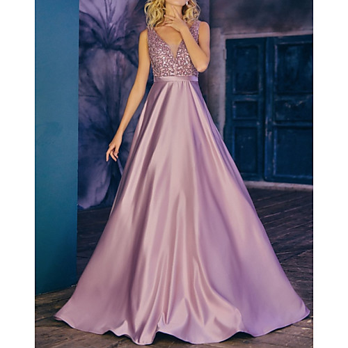 

A-Line Beautiful Back Elegant Engagement Prom Dress V Neck Sleeveless Floor Length Satin with Sash / Ribbon Beading 2021