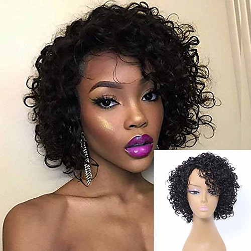 

Remy Human Hair Wig Short Curly Afro Curly Bob Asymmetrical Natural Black Party Women Easy dressing Machine Made Capless Brazilian Hair Women's Girls' Natural Black #1B 10 inch