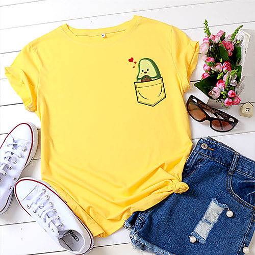 

Women's T-shirt Fruit Print Round Neck Tops 100% Cotton Basic Basic Top White Black Yellow