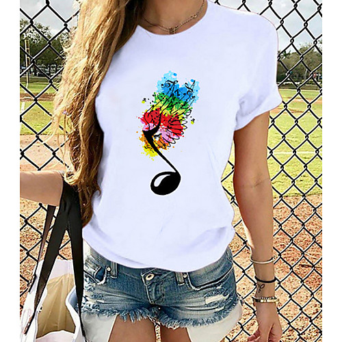 

Women's T-shirt Graphic Prints Round Neck Tops Slim 100% Cotton Basic Top White