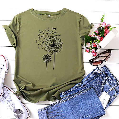 

Women's T shirt Floral Graphic Text Print Round Neck Tops 100% Cotton Basic Basic Top White Yellow Blushing Pink