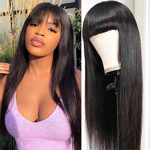 

Remy Human Hair Wig Long Natural Straight Neat Bang Natural Best Quality Capless Brazilian Hair Women's Natural Black #1B 10 inch 12 inch 14 inch