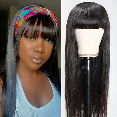 

Remy Human Hair Wig Short kinky Straight Middle Part With Bangs Natural Black Party Women Easy dressing Machine Made Capless Brazilian Hair Malaysian Hair Women's Girls' Natural Black #1B 18 inch