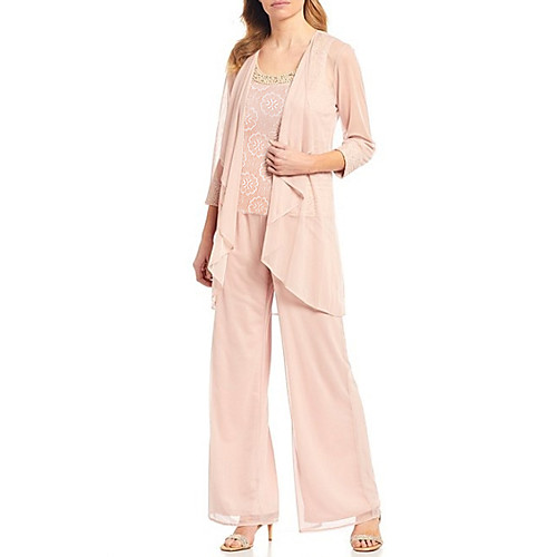 

Two Piece Pantsuit / Jumpsuit Mother of the Bride Dress Elegant Jewel Neck Floor Length Chiffon Lace 3/4 Length Sleeve with Lace Appliques 2021
