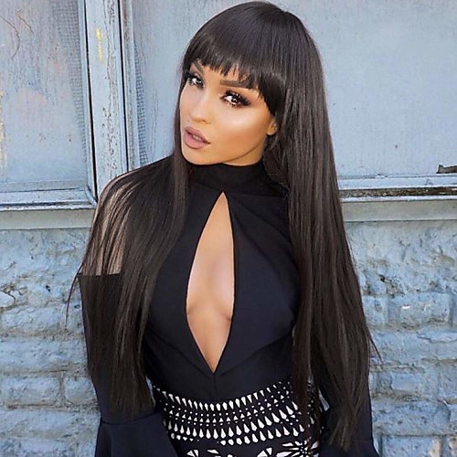 

Synthetic Wig Natural Straight With Bangs Wig Long Natural Black Synthetic Hair 24 inch Women's Party New Arrival Comfortable Black