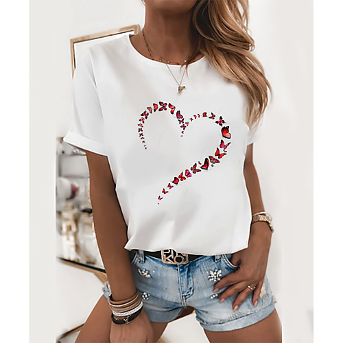 

Women's T shirt Heart Skull Round Neck Basic Tops Slim 100% Cotton Cat White Black