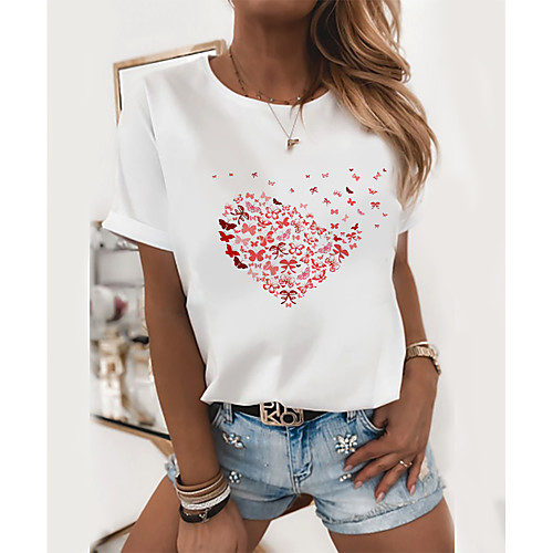 

Women's T-shirt Butterfly Graphic Prints Round Neck Tops Slim 100% Cotton Basic Top White