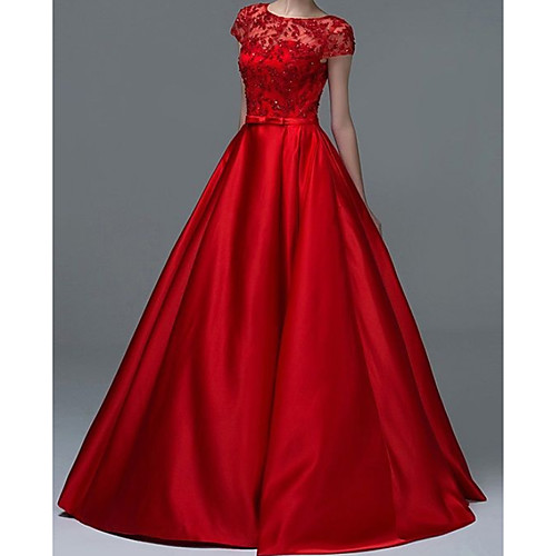 

A-Line Beautiful Back Elegant Engagement Formal Evening Dress Jewel Neck Short Sleeve Floor Length Lace Satin with Sash / Ribbon Embroidery 2021