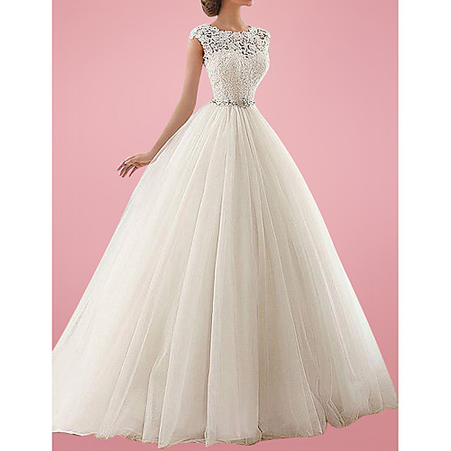 

A-Line Wedding Dresses Jewel Neck Sweep / Brush Train Lace Tulle Sleeveless Vintage with Sashes / Ribbons Appliques 2021