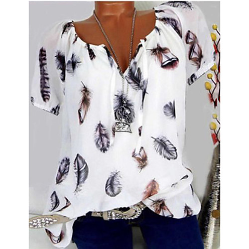 

Women's T shirt Print Graphic Feather V Neck Tops Basic Top White Black Blue