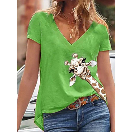 

Women's T-shirt Animal V Neck Tops Basic Top Blue Yellow Green