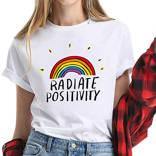 

Women's T shirt Rainbow Printing Print Round Neck Tops 100% Cotton Basic Basic Top White Yellow Blushing Pink