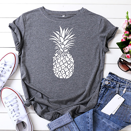 

Women's T shirt Fruit Print Round Neck Tops 100% Cotton Basic Basic Top Black Wine Army Green