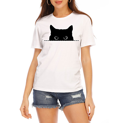 

Women's T shirt Graphic Prints Round Neck Tops 100% Cotton Basic Top Black