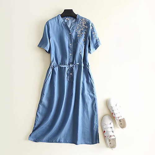 

Women's A Line Dress Midi Dress Blue Short Sleeve Geometric Embroidered Summer V Neck Casual Cotton 2021 M L