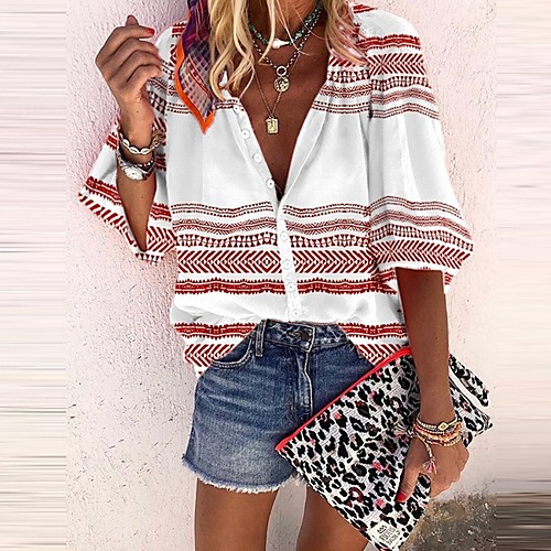 

Women's Blouse Shirt Graphic Prints V Neck Tops Basic Top Red