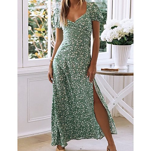 

Women's A Line Dress Maxi long Dress Green Short Sleeve Floral Summer V Neck Hot Sexy Cotton 2021 S M L XL