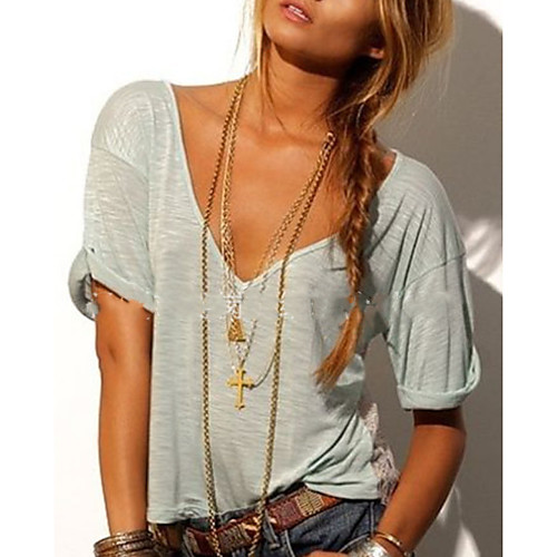 

Women's T shirt Solid Colored V Neck Tops Cotton Basic Top White Light Blue
