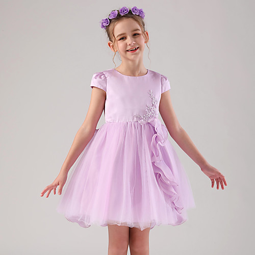 

Princess / Ball Gown Medium Length Wedding / Event / Party Flower Girl Dresses - Satin / Tulle Cap Sleeve Jewel Neck with Embroidery / Appliques / Side Draping