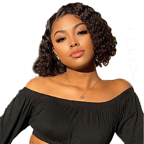 

Human Hair Lace Front Wig Bob Short Bob Free Part style Brazilian Hair Curly Black Wig 130% Density with Baby Hair Natural Hairline For Black Women 100% Virgin 100% Hand Tied Women's Short Human Hair