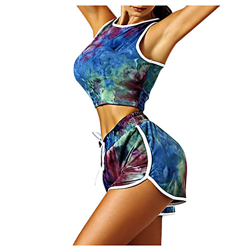

Women's T shirt Tie Dye Shirt 2 Piece Set Sweatshorts Blue 2 in 1 Tie Dye Jewel Neck Spandex Camouflage Cute Sport Athleisure T Shirt Outfits Clothing Suit Sleeveless Lightweight Yoga Exercise