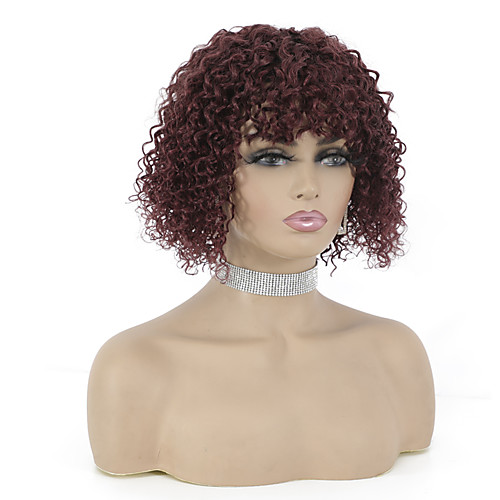 

Remy Human Hair Wig Short Jerry Curl Pixie Cut Burgundy Best Quality Capless Brazilian Hair Women's Dark Wine 10 inch