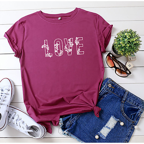 

Women's T-shirt Floral Letter Flower Print Round Neck Tops 100% Cotton Basic Basic Top White Black Yellow