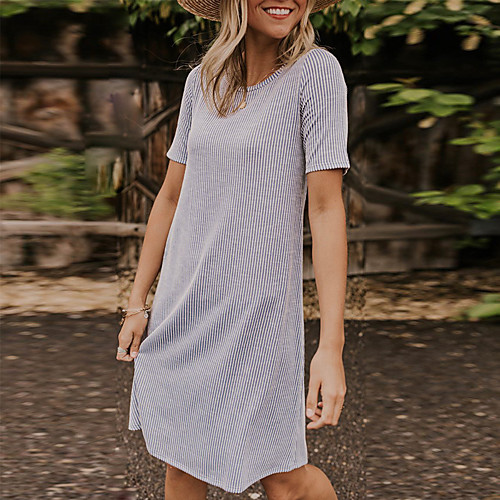 

Women's A Line Dress Knee Length Dress Khaki Gray Short Sleeve Striped Patchwork Summer Round Neck Casual Cotton 2021 S M L XL