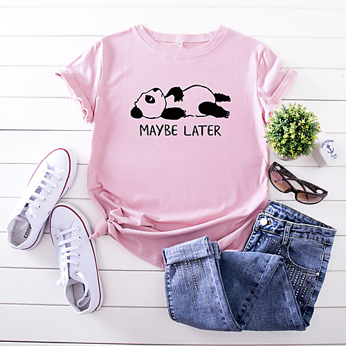 

Women's T-shirt Animal Letter Print Round Neck Tops 100% Cotton Basic Basic Top White Yellow Blushing Pink