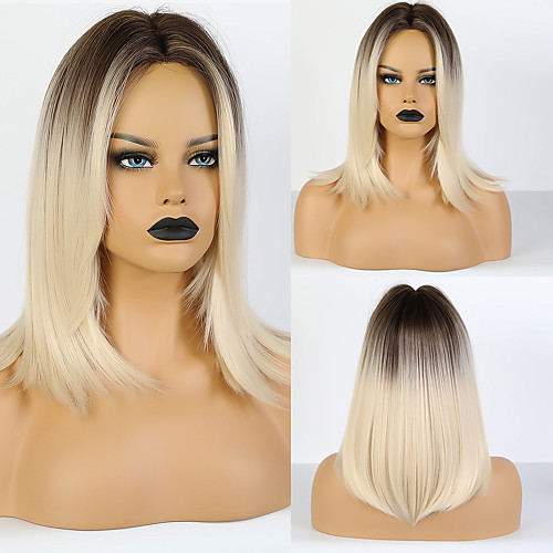 

Synthetic Wig Natural Straight Layered Haircut Wig Medium Length Synthetic Hair 20 inch Women's Women Color Gradient Lovely White