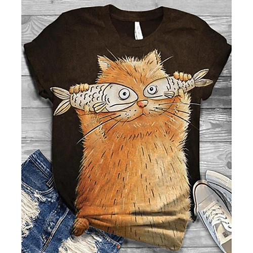 

Women's T shirt Animal Round Neck Tops Loose Cotton Basic Top Blue Brown Gray