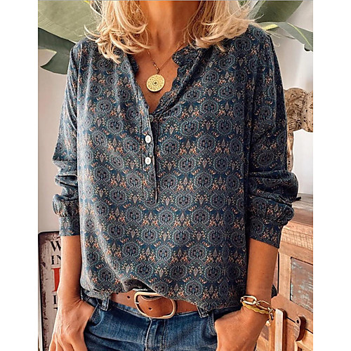 

Women's Boho Blouse Shirt Floral Geometric Flower Long Sleeve Button Shirt Collar Bohemian Style Tops Loose Purple Wine Dusty Blue