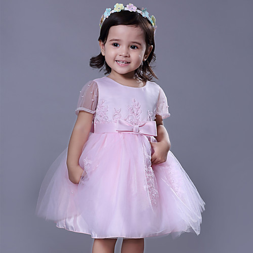 

Ball Gown Royal Length Train / Medium Length Party / Wedding Flower Girl Dresses - Satin / Tulle Short Sleeve Jewel Neck with Beading / Appliques / Butterfly