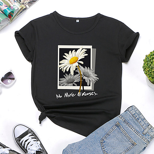 

Women's T-shirt Floral Flower Printing Print Round Neck Tops 100% Cotton Basic Basic Top Black Yellow Blushing Pink