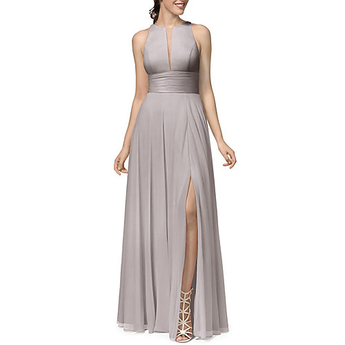 

A-Line Jewel Neck Floor Length Chiffon Bridesmaid Dress with Pleats / Split Front