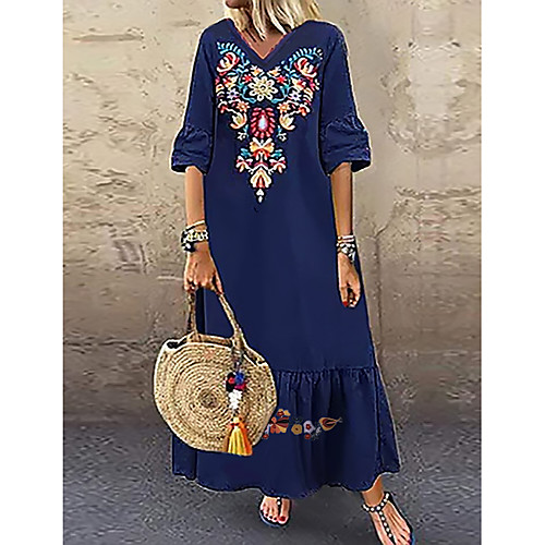 

Women's A Line Dress Maxi long Dress White Navy Blue Short Sleeve Tribal Print Summer V Neck Boho 2021 M L XL XXL 3XL 4XL 5XL / Plus Size