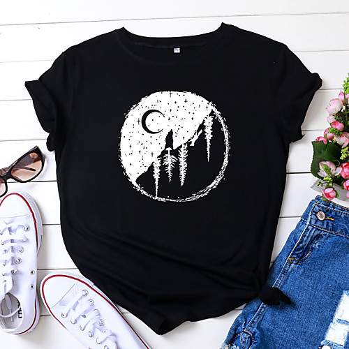 

Women's T shirt Galaxy Print Round Neck Tops 100% Cotton Basic Basic Top Black Wine Army Green