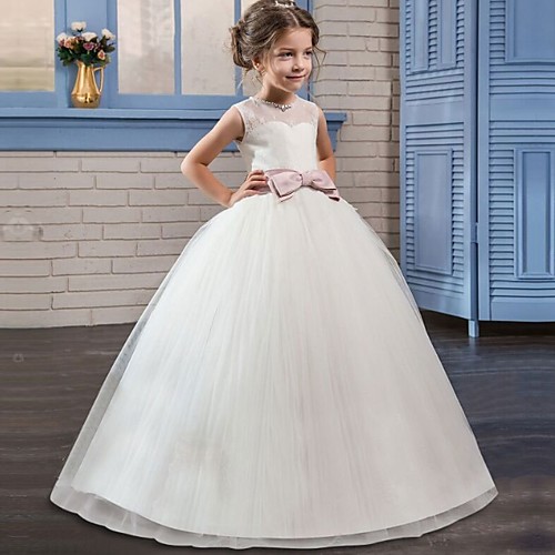 

Princess / Ball Gown Floor Length Party / Wedding Flower Girl Dresses - Tulle Sleeveless Jewel Neck with Sash / Ribbon / Bow(s) / Embroidery