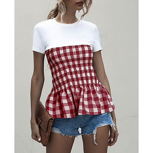 

Women's T-shirt Plaid Check Round Neck Tops Slim Basic Top Black Blue Red